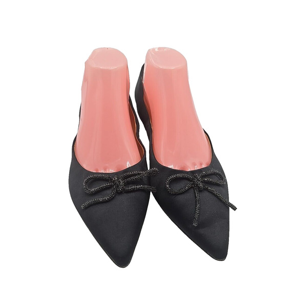 J. Crew BL562 Black Satin Bow Pointed Toe Slip On Ballet Flats Womans Size 9 - Picture 4 of 7